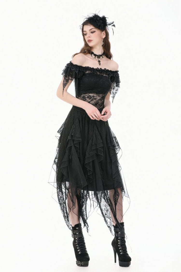 Black Off Shoulder Floral Sheer Lace Women's Gothic Top - Product - 9