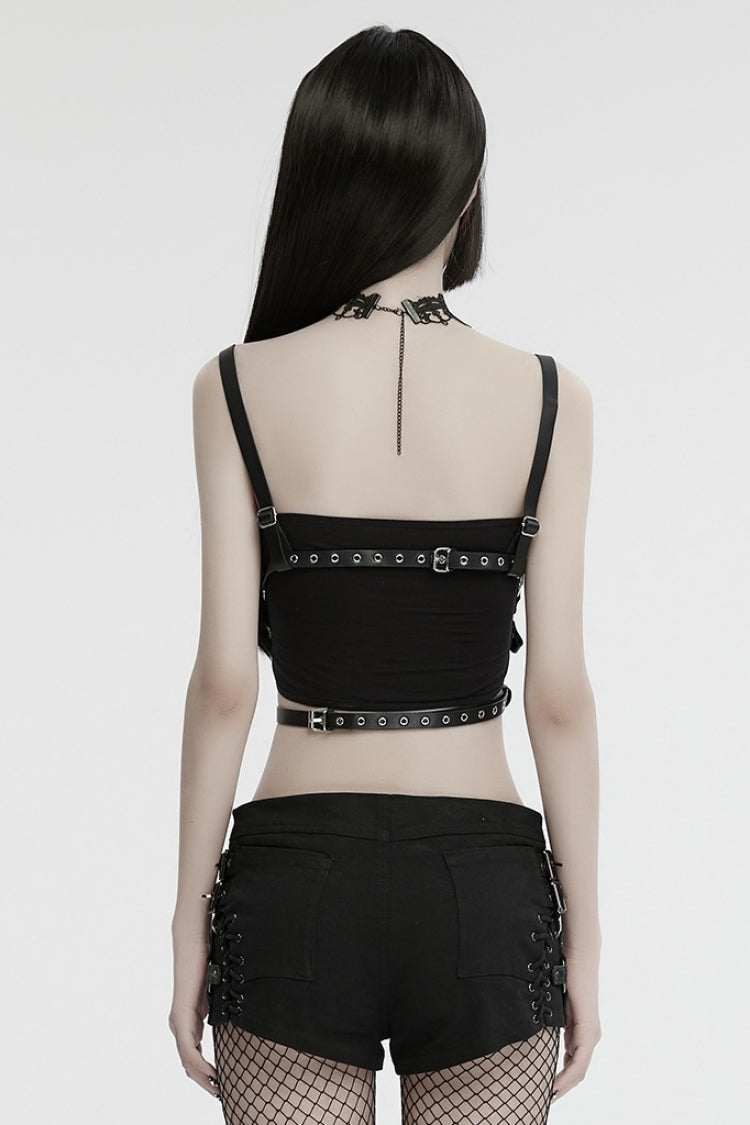 Black Faux Leather Stitching Cutout Ring Women's Punk Crop Top - Product - 3