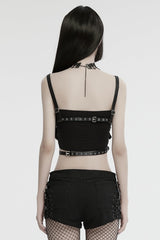 Black Faux Leather Stitching Cutout Ring Women's Punk Crop Top - Product - 3