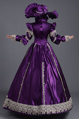 Purple Long Sleeves High Collar High Waisted Cardigan Ruffled Victorian Lolita Prom Dress - Product - 4