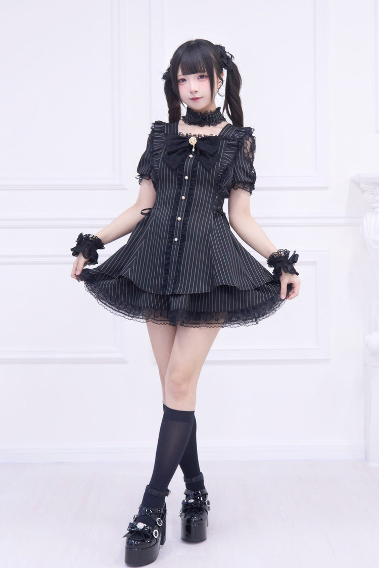 Black [Waltz] Short Sleeves Stripe Print Ruffle Bowknot Gothic Jirai Kei Japanese Dress Set - Product - 3