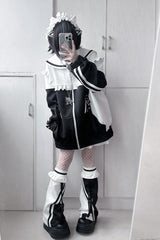 Jirai Kei Long Sleeves Ruffle Color Matching Zipper Coat 3 Colors - Product - 5