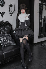 [Doki!] Stand Collar Long Sleeves Printed Ruffled Lace-Up Sweet Cool Lolita Dress 2 Colors(Black, Grey) - Product - 17