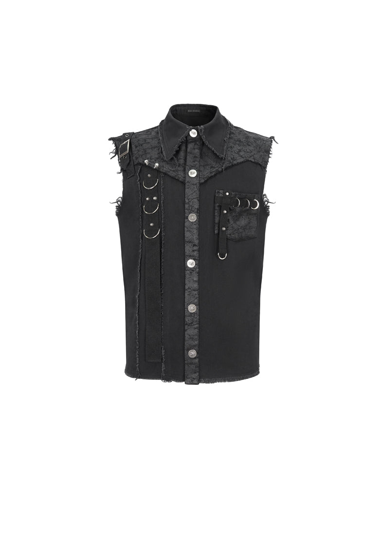 Black Sleeveless Buckle Splice Unedged Men's Punk Vest - Product - 7