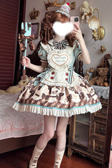Brown [Peppermint Chocolate] Chocolate Cake Bear Print Ruffle Bowknot Lace-Up Sweet Lolita Dress - Product - 11