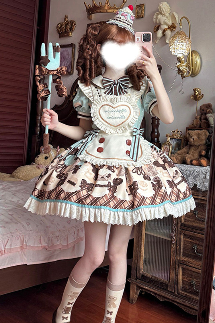 Brown [Peppermint Chocolate] Chocolate Cake Bear Print Ruffle Bowknot Lace-Up Sweet Lolita Dress - Product - 11