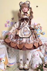 [Bear Cookie] Long Sleeves Print Bowknot Sweet Lolita Dress Set 2 Colors - Beige - 4