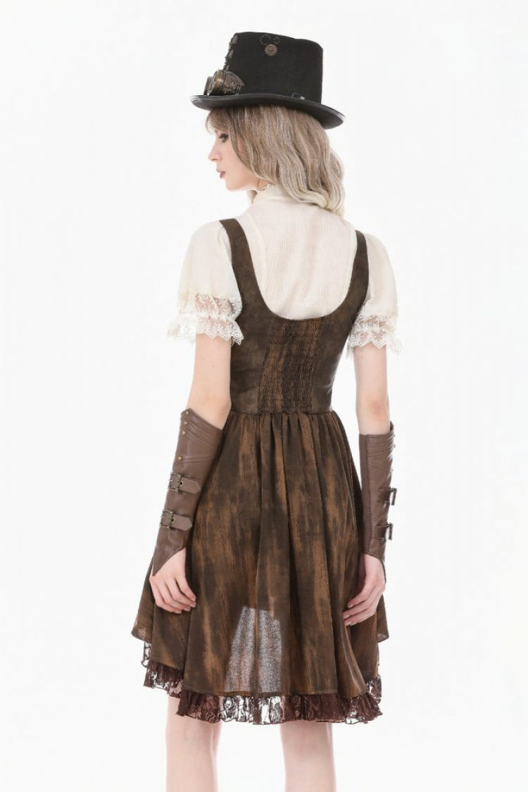 Beige Stand Collar Short Puff Sleeves Lace Sheer Lace-Up Women's Gothic Blouse with Detachable Bowknot - Product - 4