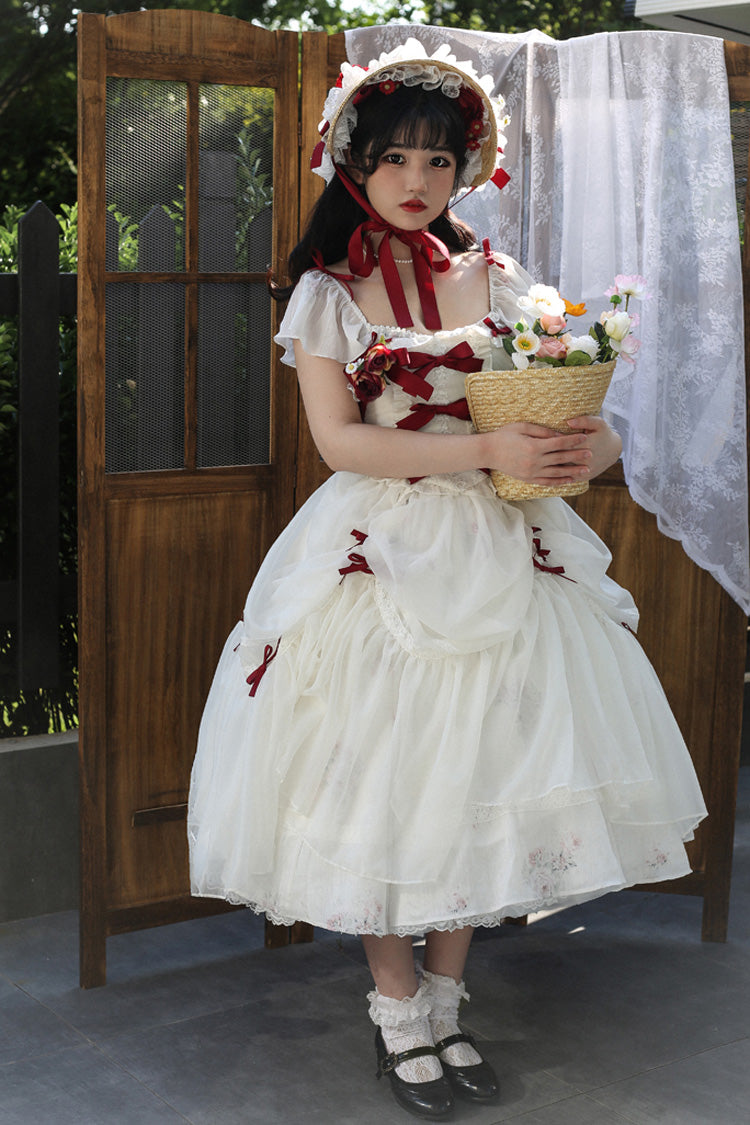 Rose Elegant Short Sleeves Print Ruffle Bowknot Sweet Plus Size Lolita Dress 2 Colors - Product - 8