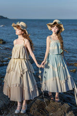 [Summer of Bluebells] Square Collar Sleeveless Jacquard Ruffled Asymmetric Sweet Lolita Skirt Set 2 Colors (Blue/Green, Ivory) - Product - 11