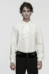 White Lapel Collar Long Puff Sleeves Men's Gothic Blouse with Detachable Necktie White - White - 1