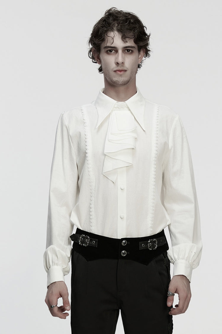 White Lapel Collar Long Puff Sleeves Men's Gothic Blouse with Detachable Necktie White - White - 1