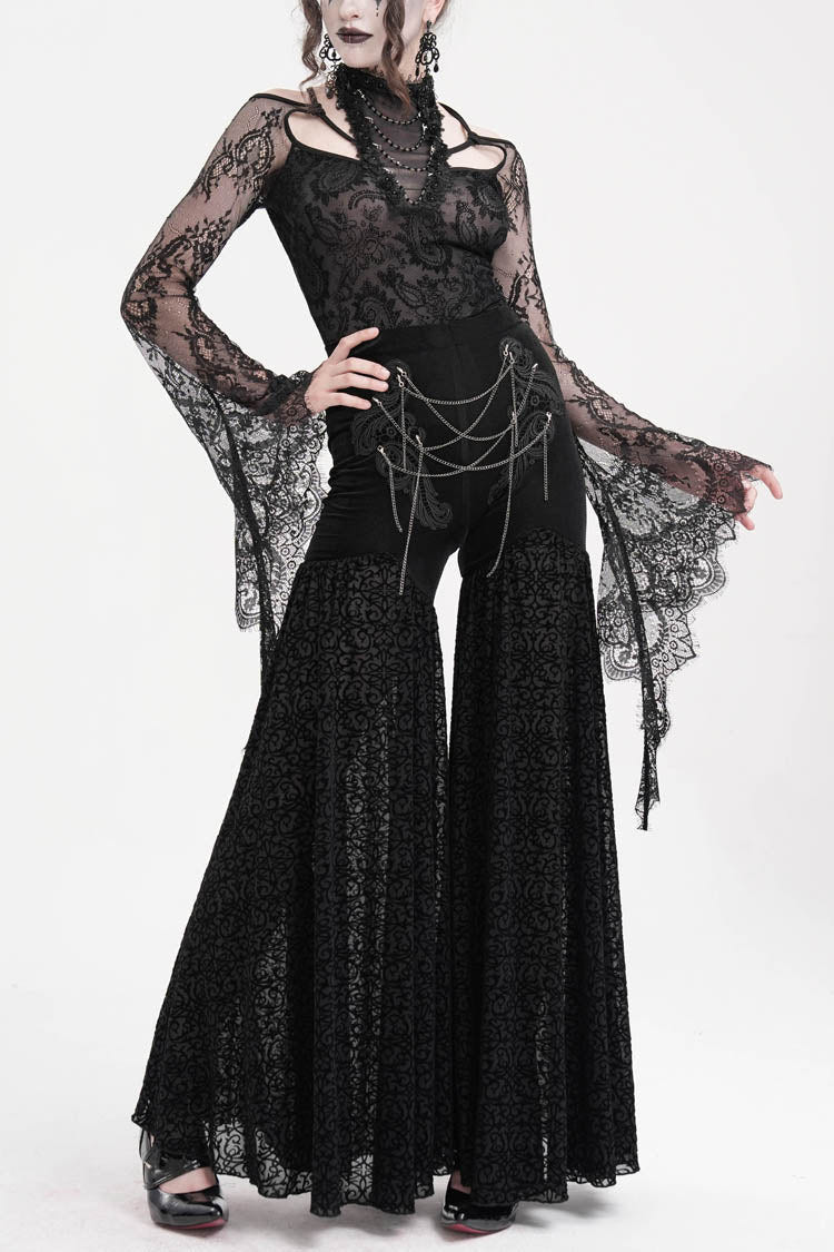 Black Chain Jacquard Floral Hollow Lace Women's Gothic Pants - Product - 8