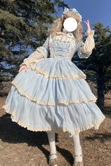 Blue Lapel Collar Long Sleeves High Waisted Multi-layer Bowknot Sweet Lolita Dress - Product - 3