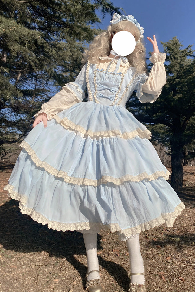 Blue Lapel Collar Long Sleeves High Waisted Multi-layer Bowknot Sweet Lolita Dress - Product - 3