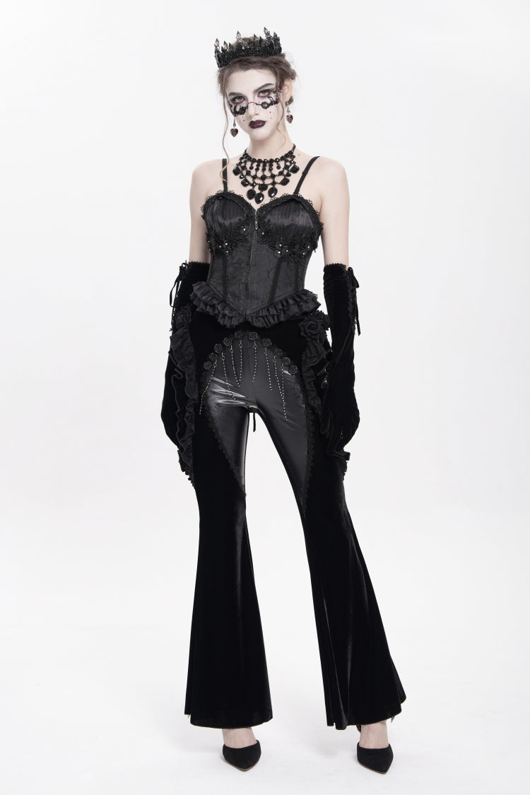 Black Ruffled Spliced Women's Gothic Floral Faux Leather&Velvet Ruffle Pants - Product - 2