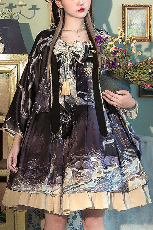 Purple Wave Print Bowknot Chinese Style Hanfu Ruffled Classic Lolita JSK Dress - Purple - 1