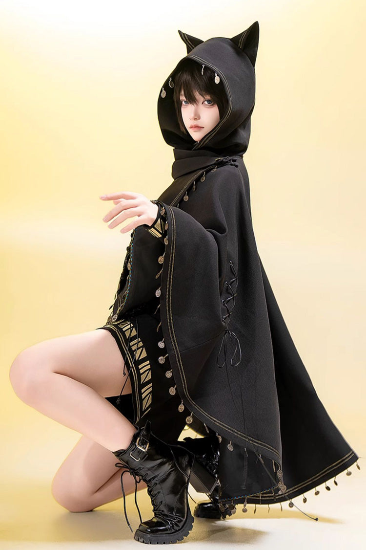 Black [Black Cat] Embroidery Cat Ears Hooded Ouji Gothic Prince Handsome Lolita Cloak - Product - 6