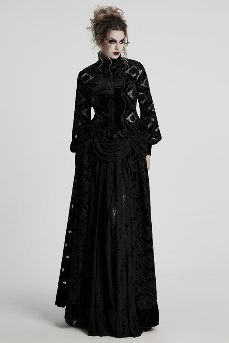 Black Long Sleeves Ruffle Floral Embroidery Women's Gothic Blouse - Product - 4