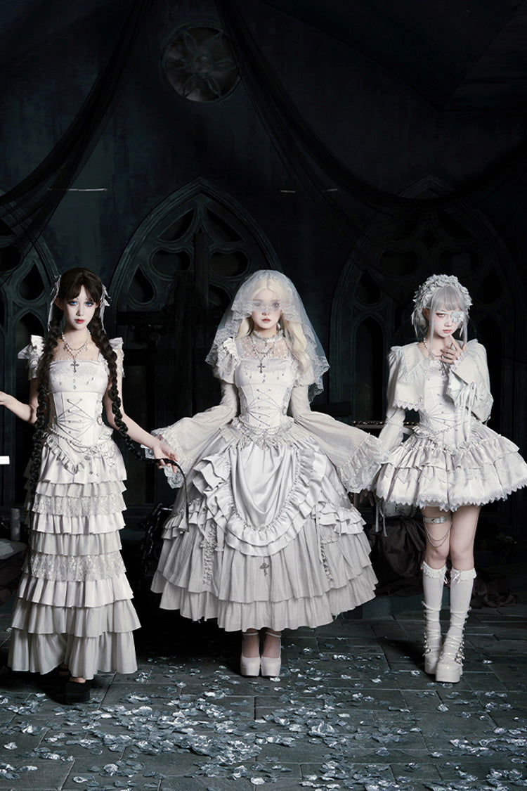 Solid Color [Bionic Doll] Square Collar Multi-Layered Ruffle Bowknot Lace-Up Gothic Lolita Long Skirt Corset Set - Product - 10