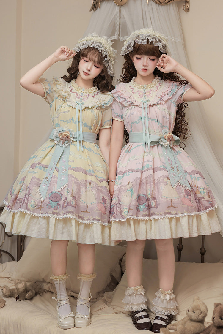 Pink [Brown Dollhouse] Short Sleeves Bear Printed Ruffled Bow Sweet Lolita Dress Set - Product - 11