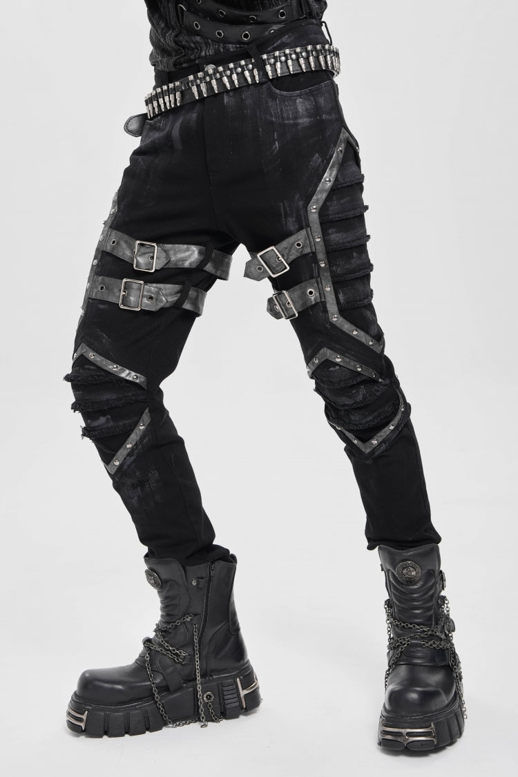 Black Buckle Straps Pleated Men's Punk Pants - Product - 6