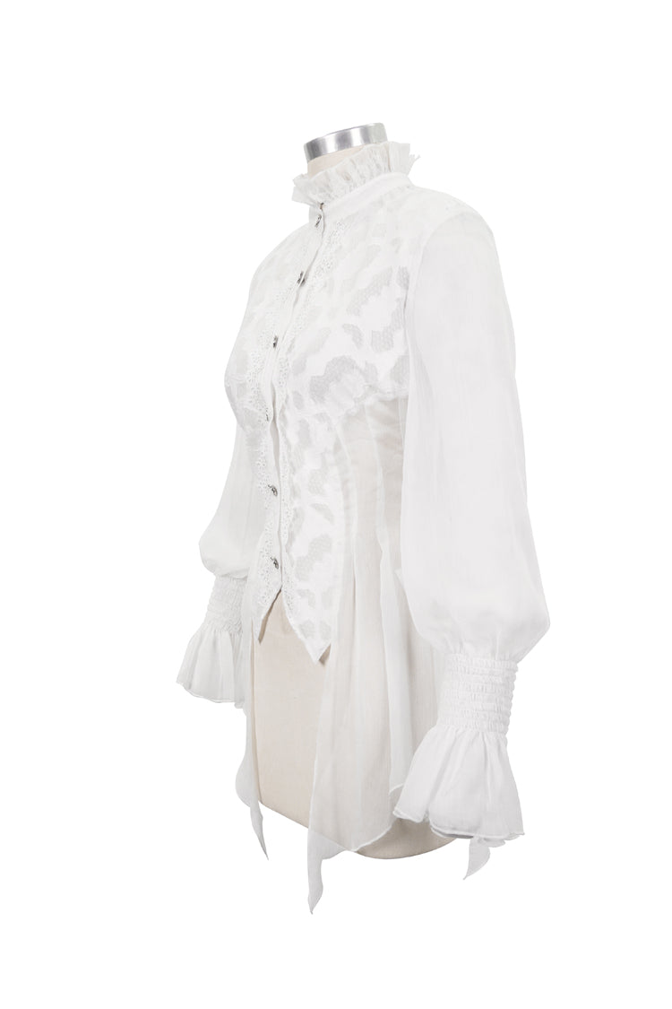 White Chiffon High Collar Front Flare Cuff Back Waist Lace Up Women's Gothic Blouse - Product - 6