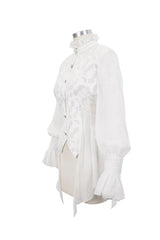 White Chiffon High Collar Front Flare Cuff Back Waist Lace Up Women's Gothic Blouse - Product - 6
