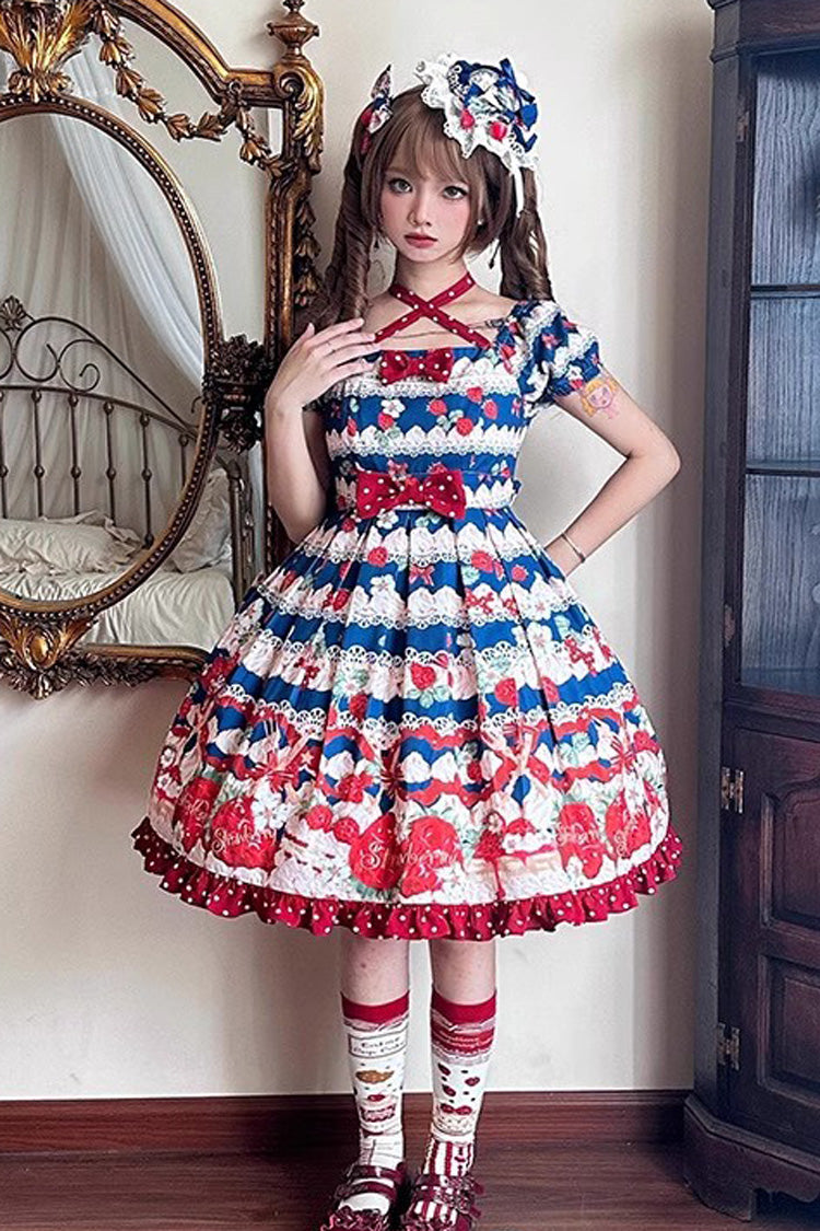 Cream Berry Fairy Red/Blue Short Sleeves Print Ruffle Bowknot Sweet Lolita Dress - Product - 5