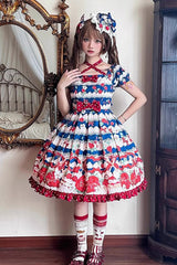 Cream Berry Fairy Red/Blue Short Sleeves Print Ruffle Bowknot Sweet Lolita Dress - Product - 5