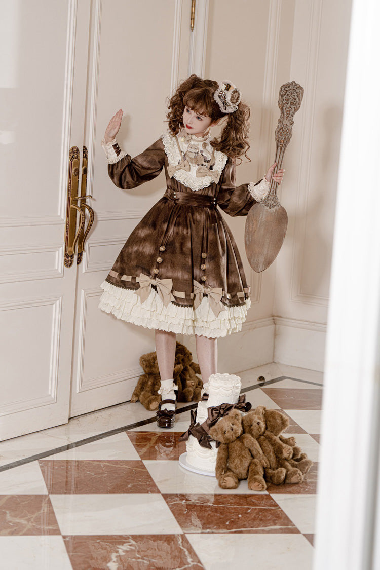 Brown [Chocolate Cat] Print Long Sleeves Ruffle Bowknot Sweet Lolita Dress - Product - 11