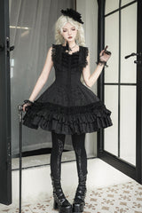 [Escape] Double-Layered Jacquard Striped Printed Ruffled Slim Gothic Lolita Jumper Dress 3 Colors - Product - 2