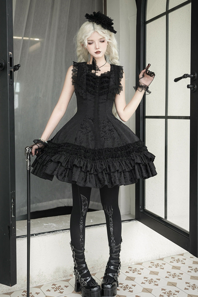[Escape] Double-Layered Jacquard Striped Printed Ruffled Slim Gothic Lolita Jumper Dress 3 Colors - Product - 2