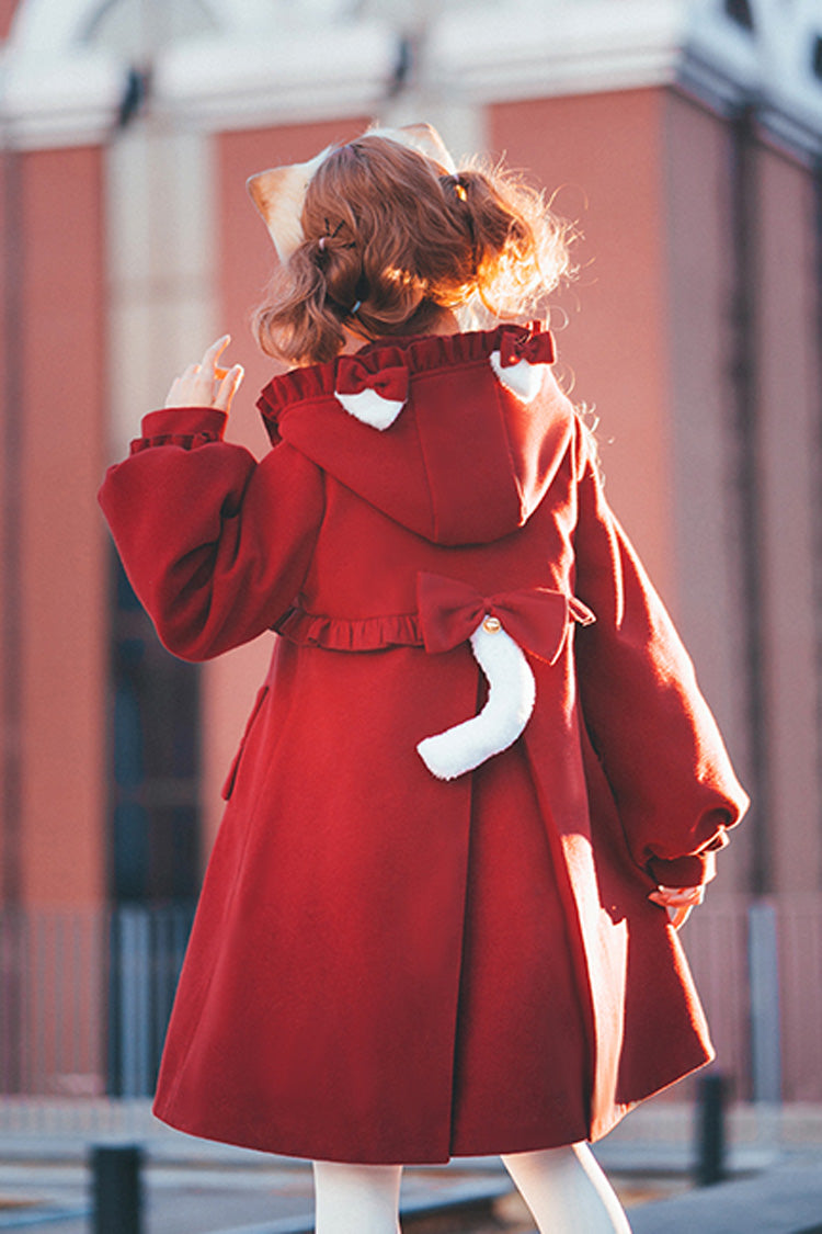 Red Cat Tail Long Sleeves Ruffle Bowknot Hooded Sweet Lolita Coat - Product - 3