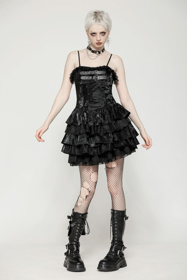 Black Sleeveless Multi-Layered Ruffled Women's Punk Party Slip Dress Graduation Dress - Product - 2
