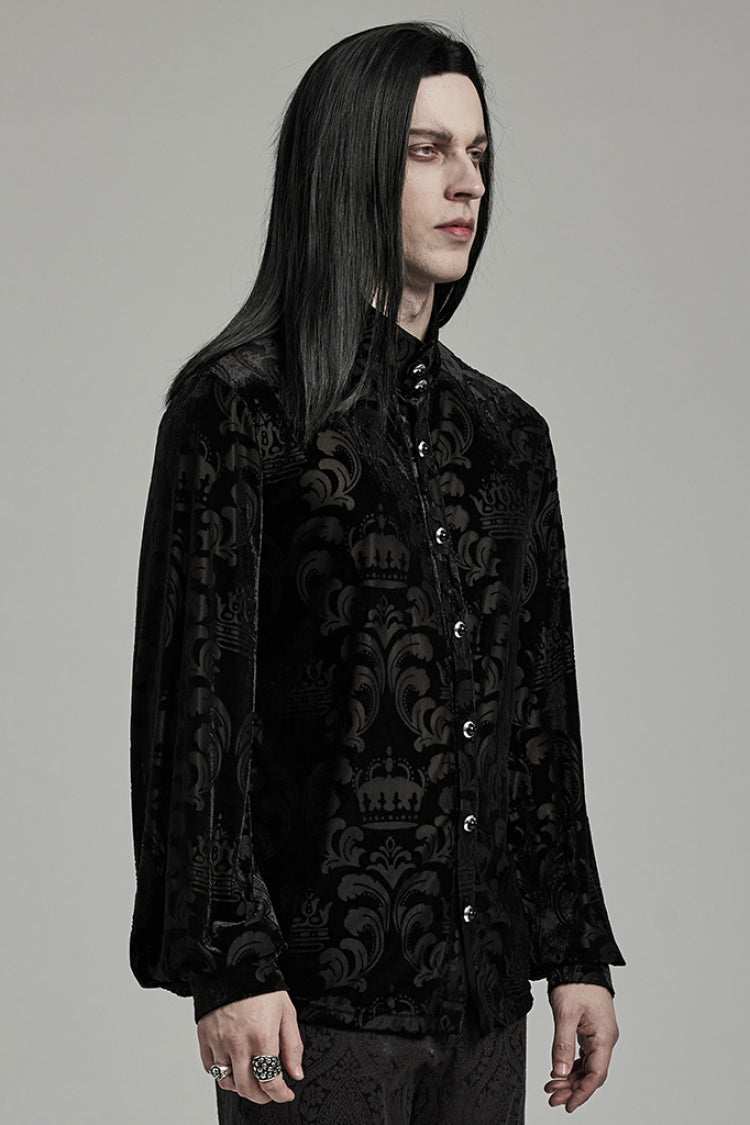 Black Stand Collar Puff Sleeves Jacquard Print Men's Gothic Blouse - Product - 2