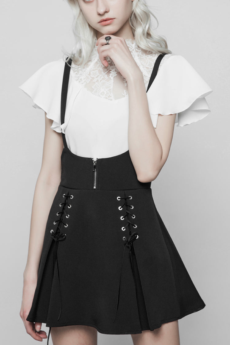 Black High Waist Bandage Zipper Braces Women's Steam Punk Skirt - Black - 1