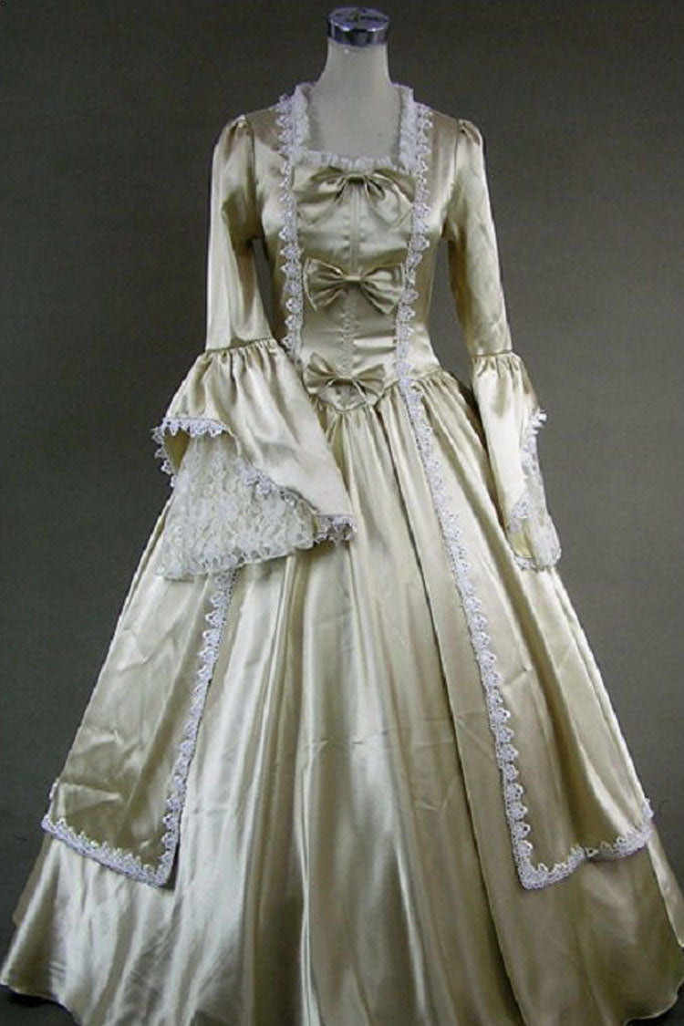 Champagne Cotton Square Collar Trumpet Sleeves Floor Length Bowknot Victorian Classic Lolita Dress - Champagne - 1