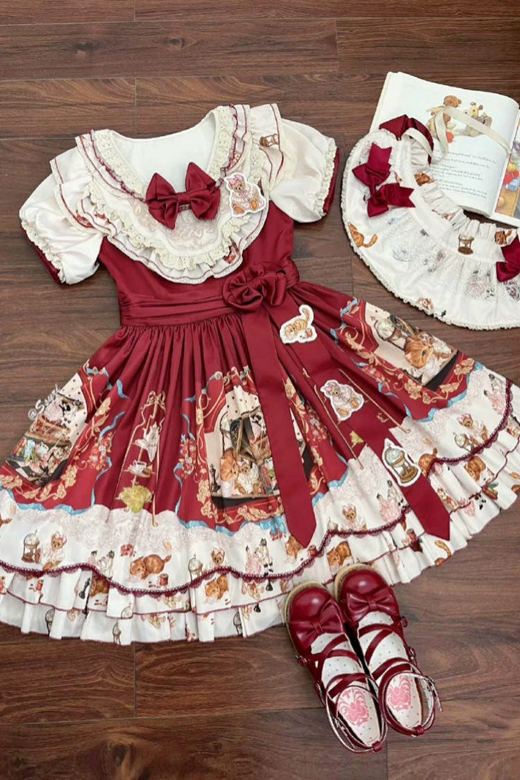 Red [The Tale of a Curious Cat] Round Collar Short Sleeves Double-Layered Printed Ruffled Bow Sweet Lolita Dress - Product - 7