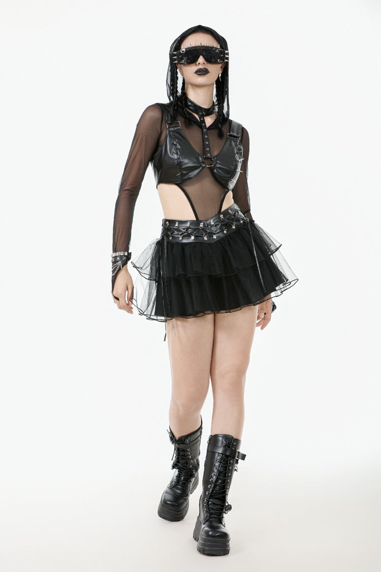 Black Multi-Layered Lace Mesh Women's Punk Short Skirt with D-Ring Ties Waist - Product - 6