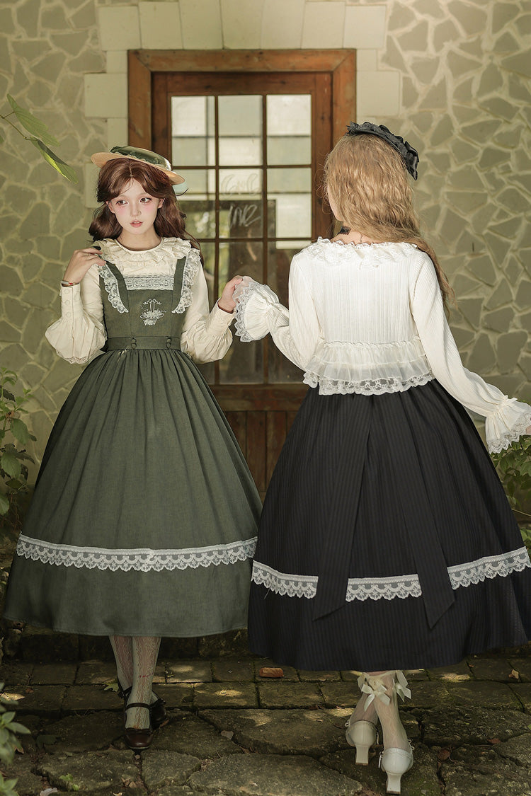 [The Oak Tree in the Wind] Square Collar Sleeveless Jacquard Embroidered Lace Classic Elegant Lolita Jsk Dress 2 Colors (Black, Green) - Product - 9
