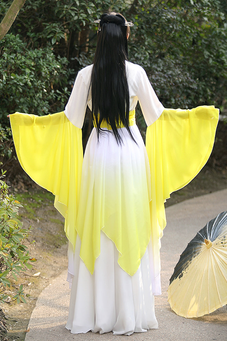 White/Yellow High Waisted Gradient Embroidery Irregular Women's Sweet Hanfu Dress Full Set - Product - 5