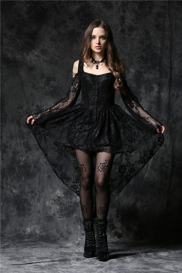 Black Square Collar Long Sleeves Overlay Embroidered Lace Women's Gothic Dress - Product - 10