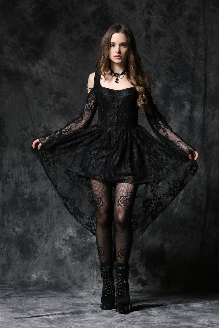 Black Square Collar Long Sleeves Overlay Embroidered Lace Women's Gothic Dress - Product - 10