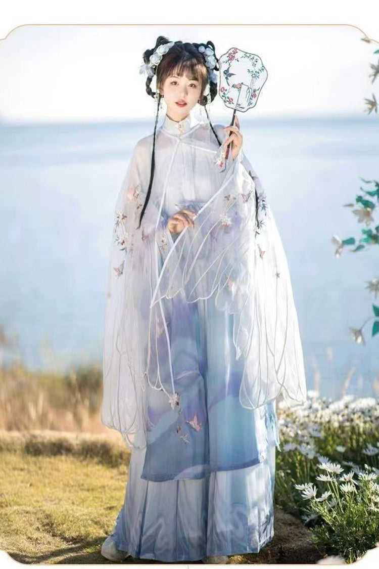 Blue Long Sleeves High Waisted Embroidery Women's Classic Chinese Style Hanfu Dress Full Set - Product - 4