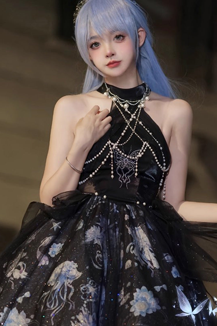 Blue [Deep Sea Jellyfish] Halterneck Sleeveless Print Embroidery Bowknot Lace Sweet Elegant Lolita Jsk Dress - Product - 6