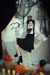 Black/White Lace High Collar Asymmetric Long Trumpet Puff Sleeves Bowknot Women's Lolita Gothic Short Dress - Product - 15