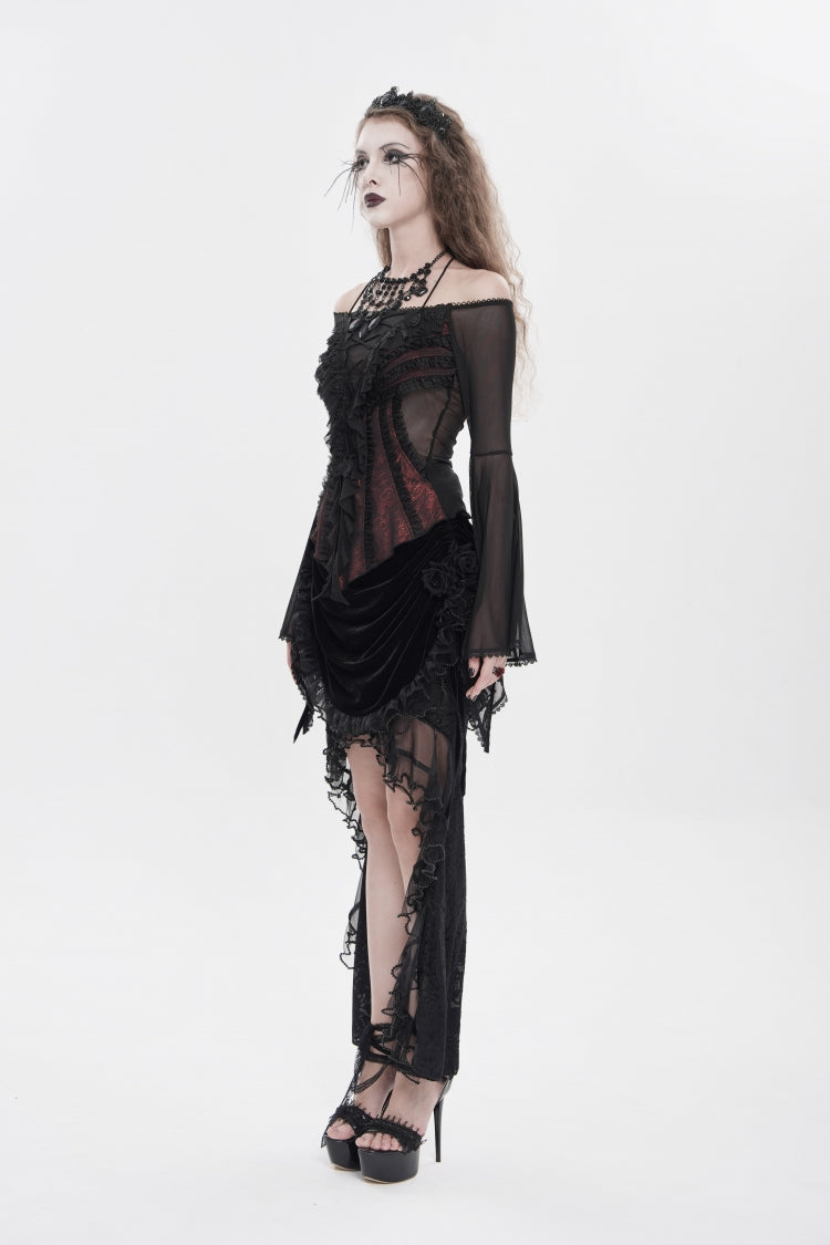 Black/Red Off Shoulder Long Trumpet Sleeves Ruffled Embroidered Lace-Up Women's Gothic Blouse - Product - 9
