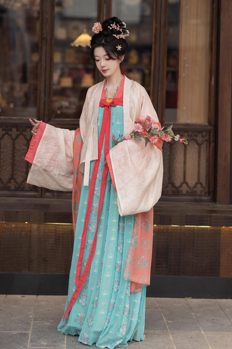 Green [Peach Blossoms and Spring] Long Sleeves Print Embroidery Classic Hanfu Dress - Product - 2