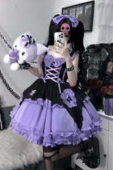 Black/Purple [Halloween Little Witch] Sleeveless Double-Layered Ruffle Bowknot Lace-Up Gothic Lolita Jsk Dress - Black/Purple - 1